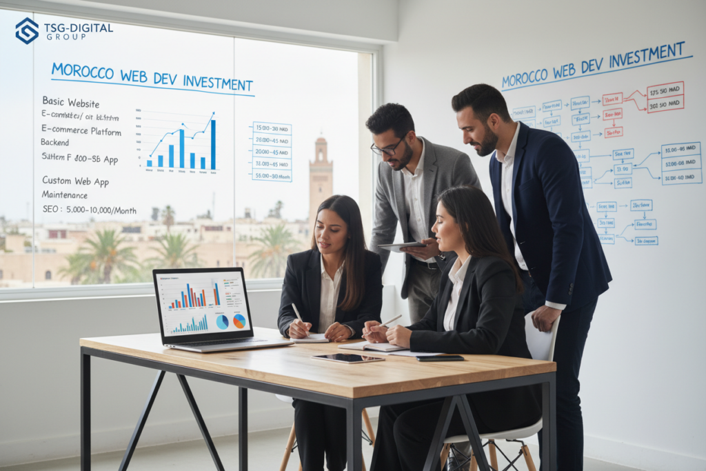 A modern, informative workspace showcasing the cost of web development in Morocco, emphasized by a stylish desk featuring a laptop displaying charts and graphs about web prices. In the foreground, a diverse group of professionals in smart business attire discusses project ideas, taking notes and analyzing data, exuding collaboration and innovation. In the middle ground, a large window allows natural sunlight to flood the room, creating a bright and inviting atmosphere. The background features a whiteboard filled with diagrams and price ranges, hinting at various project types. The logo of TSG-DIGITAL GROUP is subtly placed in the upper left corner of the image, blending seamlessly into the professional environment. A modern, informative workspace showcasing the cost of web development in Morocco, emphasized by a stylish desk featuring a laptop displaying charts and graphs about web prices. In the foreground, a diverse group of professionals in smart business attire discusses project ideas, taking notes and analyzing data, exuding collaboration and innovation. In the middle ground, a large window allows natural sunlight to flood the room, creating a bright and inviting atmosphere. The background features a whiteboard filled with diagrams and price ranges, hinting at various project types. The logo of TSG-DIGITAL GROUP is subtly placed in the upper left corner of the image, blending seamlessly into the professional environment.