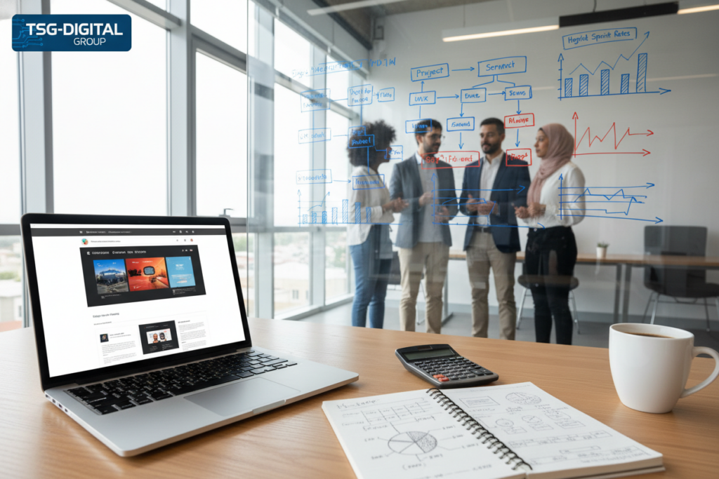 A modern office environment focused on web development, featuring a sleek desk with a laptop displaying a website design on the screen. In the foreground, an open notebook with detailed budget breakdown sketches and project timelines, alongside a calculator and a cup of coffee. In the middle, a diverse team of three professionals in business attire discussing ideas collaboratively, with a whiteboard filled with charts and graphs in the background highlighting project stages and hourly rates. Bright natural light streams through large windows, creating a productive atmosphere. Place the TSG-DIGITAL GROUP logo in the upper left corner, ensuring a professional and polished look to the scene. The mood is focused and innovative, reflecting the intricacies of website creation in Morocco in 2026. A modern office environment focused on web development, featuring a sleek desk with a laptop displaying a website design on the screen. In the foreground, an open notebook with detailed budget breakdown sketches and project timelines, alongside a calculator and a cup of coffee. In the middle, a diverse team of three professionals in business attire discussing ideas collaboratively, with a whiteboard filled with charts and graphs in the background highlighting project stages and hourly rates. Bright natural light streams through large windows, creating a productive atmosphere. Place the TSG-DIGITAL GROUP logo in the upper left corner, ensuring a professional and polished look to the scene. The mood is focused and innovative, reflecting the intricacies of website creation in Morocco in 2026.
