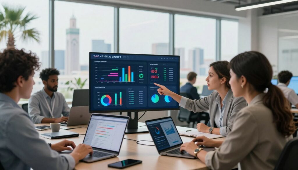 A modern office environment showcasing a team of diverse professionals analyzing SEO data on laptops and tablets. In the foreground, a focused woman in business attire is pointing at insightful graphs on a screen, while a man beside her nods in agreement. The middle ground features a large digital display showcasing SEO metrics and trends, with charts and graphs in vibrant colors. In the background, large windows reveal the skyline of Casablanca, with palm trees framing the view. Soft, natural lighting floods the room, creating an inviting and productive atmosphere. The image conveys collaboration and innovation, reflecting the expertise of "TSG-DIGITAL GROUP" in providing SEO services for businesses in Casablanca, Morocco. A modern office environment showcasing a team of diverse professionals analyzing SEO data on laptops and tablets. In the foreground, a focused woman in business attire is pointing at insightful graphs on a screen, while a man beside her nods in agreement. The middle ground features a large digital display showcasing SEO metrics and trends, with charts and graphs in vibrant colors. In the background, large windows reveal the skyline of Casablanca, with palm trees framing the view. Soft, natural lighting floods the room, creating an inviting and productive atmosphere. The image conveys collaboration and innovation, reflecting the expertise of "TSG-DIGITAL GROUP" in providing SEO services for businesses in Casablanca, Morocco.