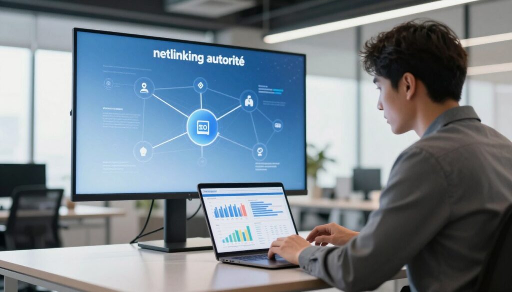 A powerful and visually engaging representation of "netlinking autorité" in a modern office setting, designed for SEO themes. Foreground: A sleek desk with a laptop displaying graphs and analytics related to SEO performance, accompanied by a professional in business attire analyzing the data. Middle ground: A large digital screen showcasing interconnected websites and links symbolizing authority and trustworthiness. Background: A contemporary office environment with large windows allowing natural light to flood in, creating a warm and inviting atmosphere. The lighting is bright but soft, enhancing focus on the main elements. Lens angle should be slightly elevated for a dynamic viewpoint. The overall mood is one of professionalism, confidence, and innovation. Include the brand name "TSG-DIGITAL GROUP" subtly in the space without textual overlays. A powerful and visually engaging representation of "netlinking autorité" in a modern office setting, designed for SEO themes. Foreground: A sleek desk with a laptop displaying graphs and analytics related to SEO performance, accompanied by a professional in business attire analyzing the data. Middle ground: A large digital screen showcasing interconnected websites and links symbolizing authority and trustworthiness. Background: A contemporary office environment with large windows allowing natural light to flood in, creating a warm and inviting atmosphere. The lighting is bright but soft, enhancing focus on the main elements. Lens angle should be slightly elevated for a dynamic viewpoint. The overall mood is one of professionalism, confidence, and innovation. Include the brand name "TSG-DIGITAL GROUP" subtly in the space without textual overlays.