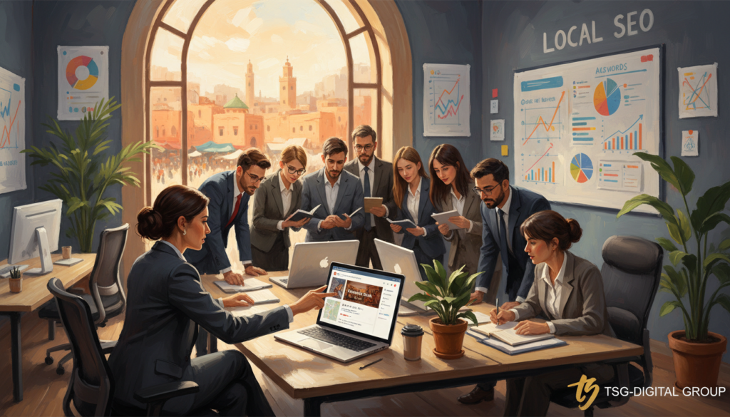 A professional and vibrant office environment in Morocco, showcasing a diverse team of business professionals engaging in a discussion about local SEO strategies. In the foreground, a well-dressed Moroccan businesswoman points at a laptop displaying a Google Business Profile, while a diverse group of colleagues observe the screen. The middle layer features modern office decor with plants and charts related to online marketing. In the background, a large window reveals a view of a Moroccan cityscape, hinting at local culture. The lighting is bright and inviting, creating a productive atmosphere. Capture this scene with a wide-angle lens, emphasizing collaboration. Ensure the inclusion of TSG-DIGITAL GROUP's logo as a watermark in the corner. A professional and vibrant office environment in Morocco, showcasing a diverse team of business professionals engaging in a discussion about local SEO strategies. In the foreground, a well-dressed Moroccan businesswoman points at a laptop displaying a Google Business Profile, while a diverse group of colleagues observe the screen. The middle layer features modern office decor with plants and charts related to online marketing. In the background, a large window reveals a view of a Moroccan cityscape, hinting at local culture. The lighting is bright and inviting, creating a productive atmosphere. Capture this scene with a wide-angle lens, emphasizing collaboration. Ensure the inclusion of TSG-DIGITAL GROUP's logo as a watermark in the corner.