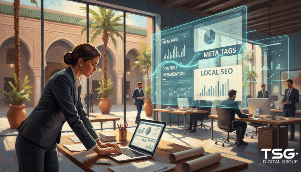 A professional setting illustrating on-page SEO optimization for small and medium enterprises (PMEs) in Morocco. In the foreground, a focused businesswoman in smart attire analyzing website metrics on a laptop, surrounded by digital analytics charts and SEO keyword lists. In the middle, a modern office environment with a large screen displaying vibrant graphs and SEO-related keywords, like "meta tags" and "content optimization." The background features Moroccan architectural elements, subtly integrated to reflect the local context. Soft, natural lighting casts a warm atmosphere, creating a sense of urgency and professionalism. Additionally, integrate a subtle watermark of the "TSG-DIGITAL GROUP" logo in the corner for branding. A professional setting illustrating on-page SEO optimization for small and medium enterprises (PMEs) in Morocco. In the foreground, a focused businesswoman in smart attire analyzing website metrics on a laptop, surrounded by digital analytics charts and SEO keyword lists. In the middle, a modern office environment with a large screen displaying vibrant graphs and SEO-related keywords, like "meta tags" and "content optimization." The background features Moroccan architectural elements, subtly integrated to reflect the local context. Soft, natural lighting casts a warm atmosphere, creating a sense of urgency and professionalism. Additionally, integrate a subtle watermark of the "TSG-DIGITAL GROUP" logo in the corner for branding.